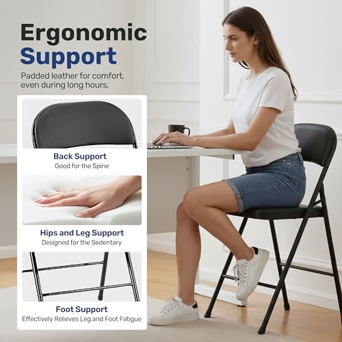 Image of Simple Deluxe Dining Chairs Set of 4, Leather Cushion Foldable Contemporary Kitchen Side Chair with Padded Back & Sturdy Metal Legs, Upholstered Seat for Home /Living Room /Bedroom /Cafe, Black
