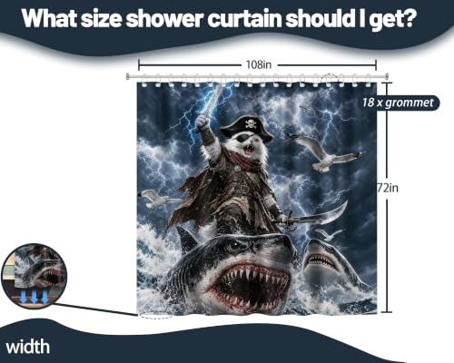Image of Funny Cat Riding Shark Shower Curtain, Extra Long 108x72 in, Kids