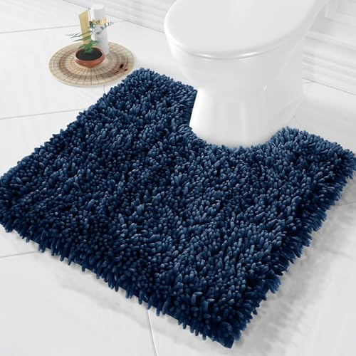 Image of Yimobra Toilet Rugs U Shaped Washable, Extra Thick Soft Absorbent Chenille Contour Bathroom Rugs for Toilet 24x24 Inch, Quick Dry Non Slip Toilet Mat for Bath Floor, Peacock Blue