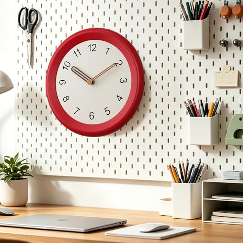 Image of Mosewa 10 Inch Red Wall Clock Silent Non-Ticking Quartz Battery Operated Analog Clock with Wood Hands, Easy to Read Minimalist Round Clock for Kitchen Living Room Bedroom Office