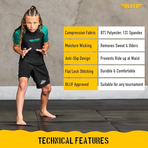 Image of Elite Sports Kids Jiu Jitsu BJJ Rash Guard, Short Half Sleeve Compression Shirt for Youth Boys Girls Sports Nogi Training