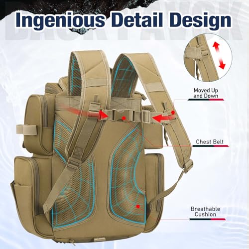 Image of Piscifun Fishing Tackle Backpack with 2 Rod Holders, 4 Boxes & Rain Cover | Multi-pocket storage, fits 3600 /3700 trays, bottle holder, padded straps for bank fishing
