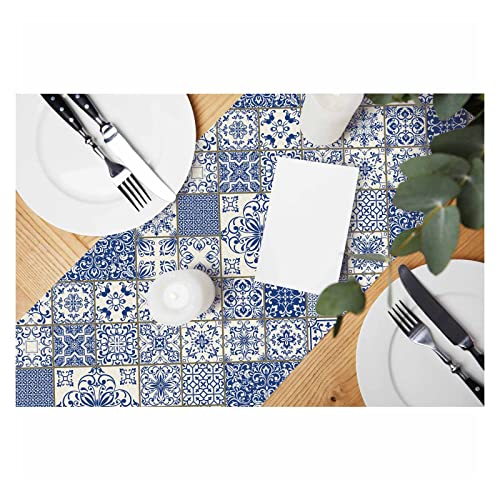 Hosnye Table Runner Blue White Patchwork Tile In Spanish Style,Cotton Linen Table Runner Decoration For Kitchen Family Dinner Table Holiday Party Farmhouse Style 13 X 72 Inch #TOP20