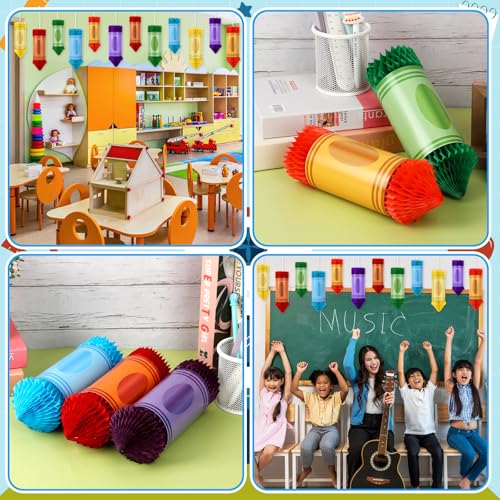 Image of 12 Pcs Crayon Pencil Hanging Honeycomb, Welcome Back to School Classroom Decorations for Teacher Appreciation Week First Day of School Party Supplies Ceiling Decor