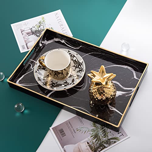 Sabreon Marbling Plastic Tray With Handles - Sturdy Decorative Tray Multifunction Rectangular Tray Easy To Clean Suitable For Coffee,Breakfast,Dessert, 15.6” X 10.2” (Black) #TOP5