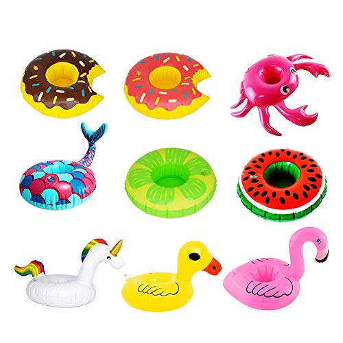 DDG EDMMS Inflatable Drink Holder 9 Piece Set Swimming Pool Cup Holder Unicorn Flamingo Donut Floating Summer Pool Party Water Fun