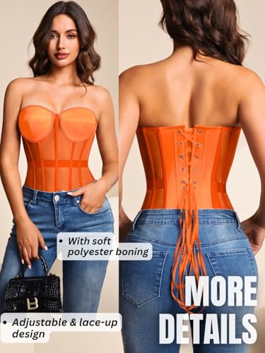 Image of Kaei&Shi Sheer Mesh Overbust Corset,Sexy Strapless Lace Up Satin Bra Corsets Top For Women Shapewear