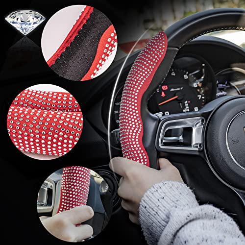 Amiss Steering Wheel Cover, Diamond Bing Steering Wheel Cover for Car,2PCS Segmented Steering Wheel Protector Universal Fit for 99% Cars Safe and Non Slip Car Accessory (Red, White Diamond)