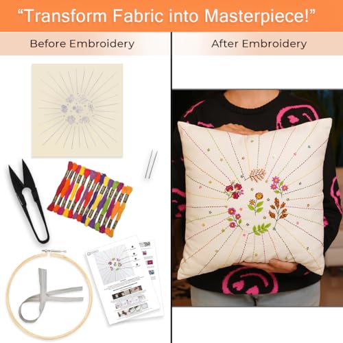 Image of Embroiderymaterial DIY Embroidery Cushion Cover Embroidery Kit for Beginners with Floral Design Cross Stitch Decorative Pillow Covers, Hand Embroidery Craft Kit for Home Decor (2PC, 16x16)