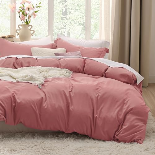 Image of Bedsure Pink Clay Duvet Cover Queen Size - 3 Pieces Prewashed Cotton-Like Extra Soft Bedding Set, Includes 1 Duvet Cover 90x90 Inches with Zipper Closure & 2 Pillow Shams, Comforter Not Included