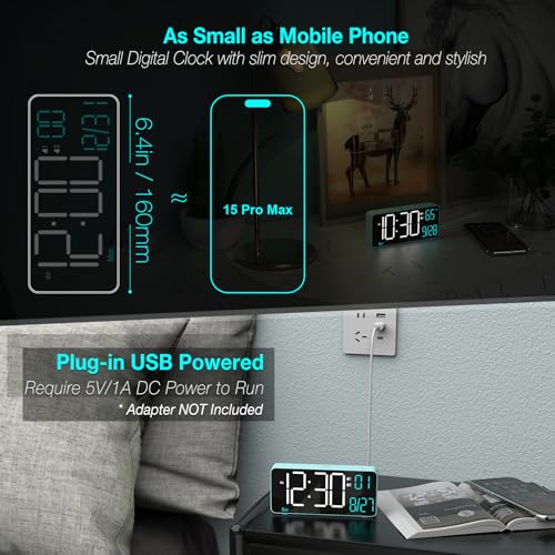 Image of KOSUMOSU Digital Alarm Clock for Bedroom, 6.7in Desk Clock LED, Auto Dimming, Room Temperature, Day of The Week, Date, Seconds, Clocks for Living Room, Alarm Clocks for Bedrooms