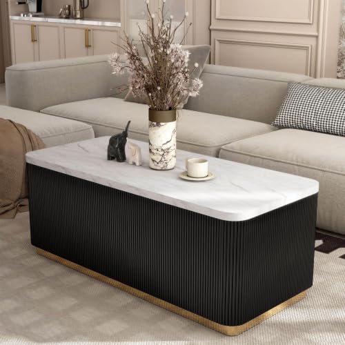 Image of Furniture of America Beryl Modern Rectangle White Genuine Marble Top Coffee Table with Fluted Pedestal Base and Gold Stainless Steel Accent, Low Profile Table for Living Room, Home Office, Black