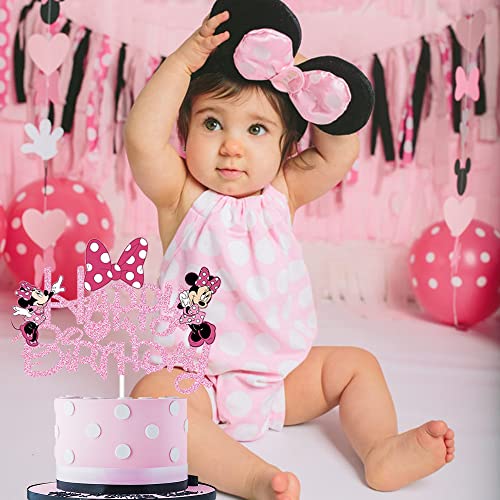 Pink Mouse Birthday Cake Topper, Glitter Pink Bow Mouse Happy Birthday Cake Decoration For Pink Mouse Baby Shower Girl Birthday Party Supplies #TOP6