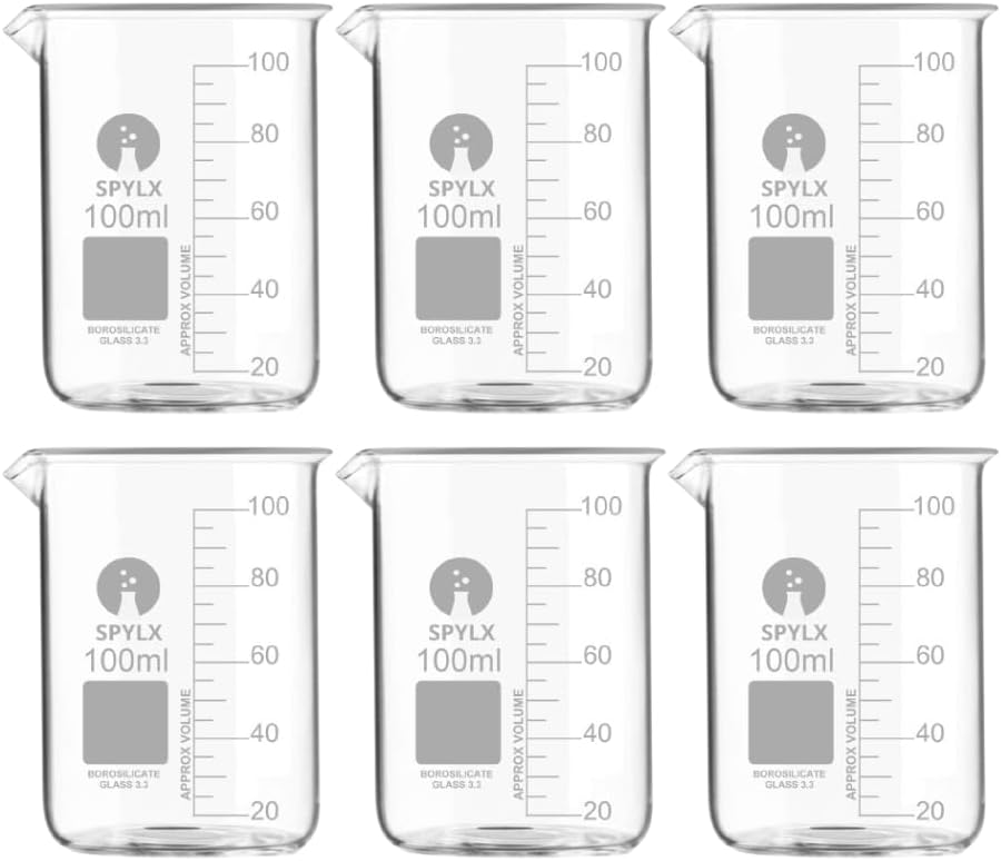 Borosilicate Glass Beakers - 100 ml 6 pcs with Graduation Marks Scratch and stain-resistant measuring beakers, cups Detailed, easy-to-read scale for precise measurements.