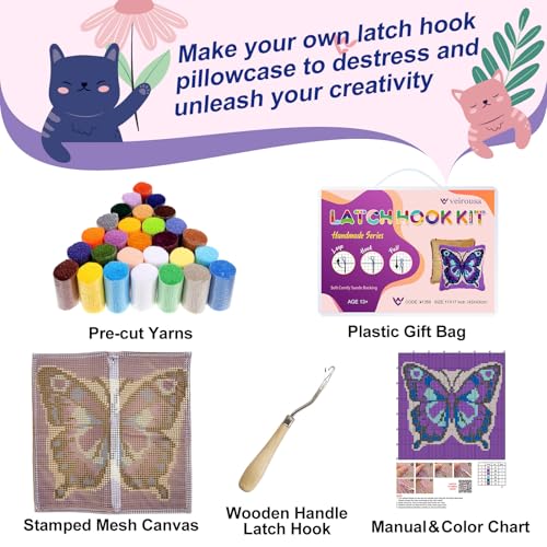 Image of veirousa Butterfly Latch Hook Kits for Adults Beginners Animals Latch Hook Pillow Kit Pre-Printed Latch Hook Rug Kits Insect Cross-Stitch Cushion for Home Sofa Decoration 17x17 in. Handmade Gift