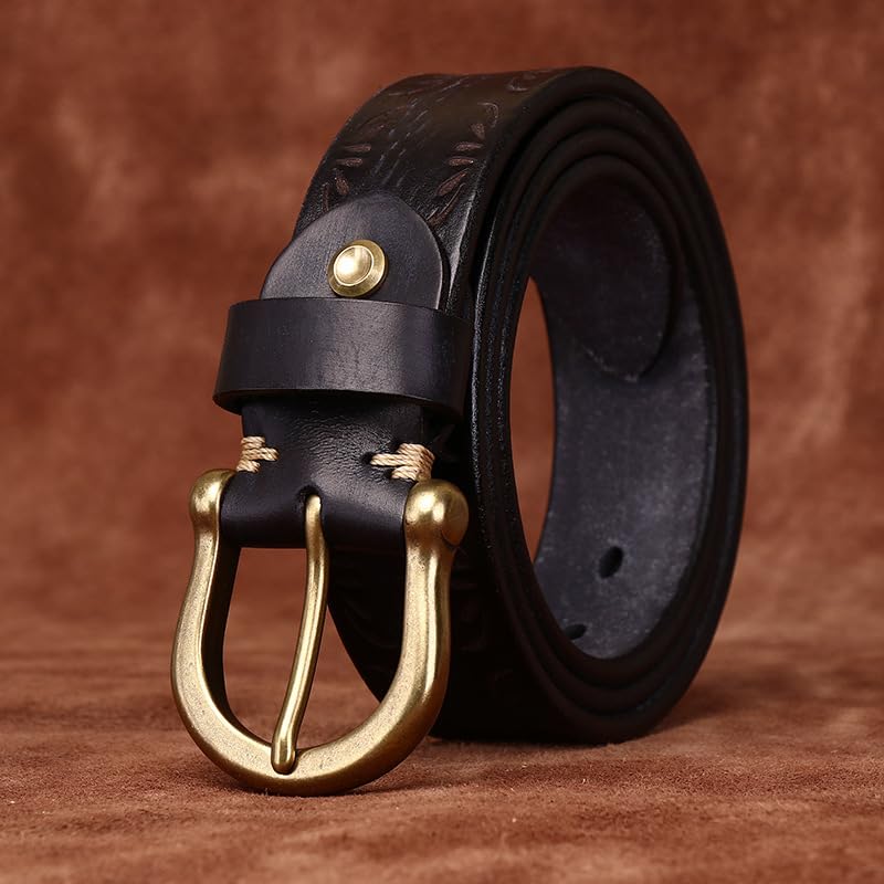 Thick 5.5mm Carved Distressed Leather Embossed Belt - Vintage Sanded Top Grain Cowhide Strap with Solid Brass Buckle4