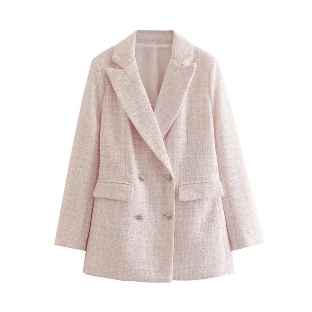 Women Vintage Tweed Blazer Double-Breasted Long Sleeve Office Jacket Elegant Loose Suit Coat