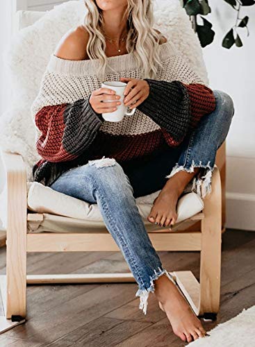 VIMPUNEC Womens Oversized Sweater Color Block Off The Shoulder Pullover Sweaters Cable Knit Chunky Striped Tops4