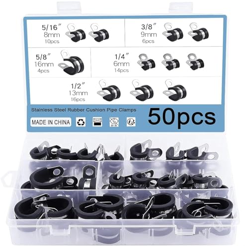 WiMas 50 Stück Edelstahl Gummikissen Rohrschellen, Leitungsschelle Schlauchschelle 5 Größen Kabelklemme Sortiment Kit