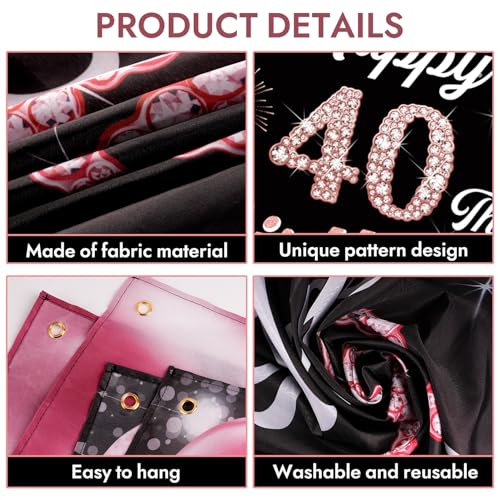 Image of 40th Birthday Decorations for Women - Happy 40th Birthday Banner Decorations Cheers to 40 Years Birthday Party Indoor and Outdoor Decoration Suppiles Pink Backdrop for 40th Birthday Party Favors Decor