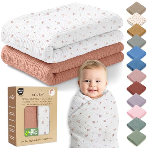 Image of Organic Muslin Baby Blanket 2-Pack Cinnamon & Wildflower, 47x47 Inch, 100% Organic Cotton Oeko-TEX Certified Hypoallergenic Swaddle Blanket for Newborn Boy, Baby Boy Shower Gift