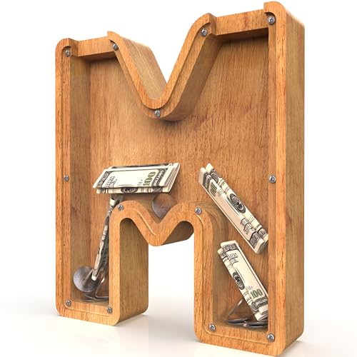 Image of Piggy Bank for Kids Boys Girls, Large Personalized Wooden Letter Piggy Bank with Cut-Out Design, Alphabet Letter Coin Banks, Money Savings Box, Wooden Bank for Kids Creative Gift for Real-Money(M)