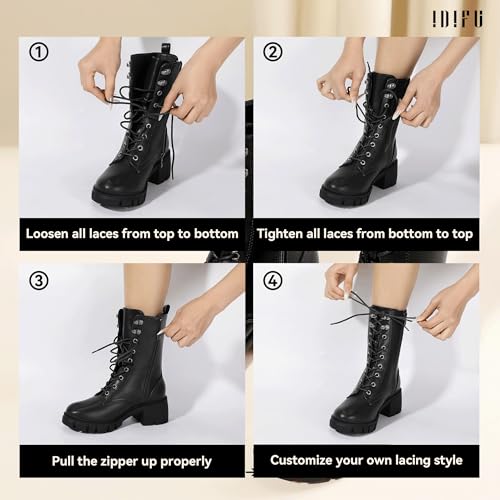 IDIFU IN3 Platform Combat Boots for Women Mid Calf Lace Up Boots Lug Sole Low Chunky Block Heel Boots Closed Round Toe Side Zipper Booties Fashion Thick Fall Heeled Boots-LOOSEN ALL LACES FIRSTLY4