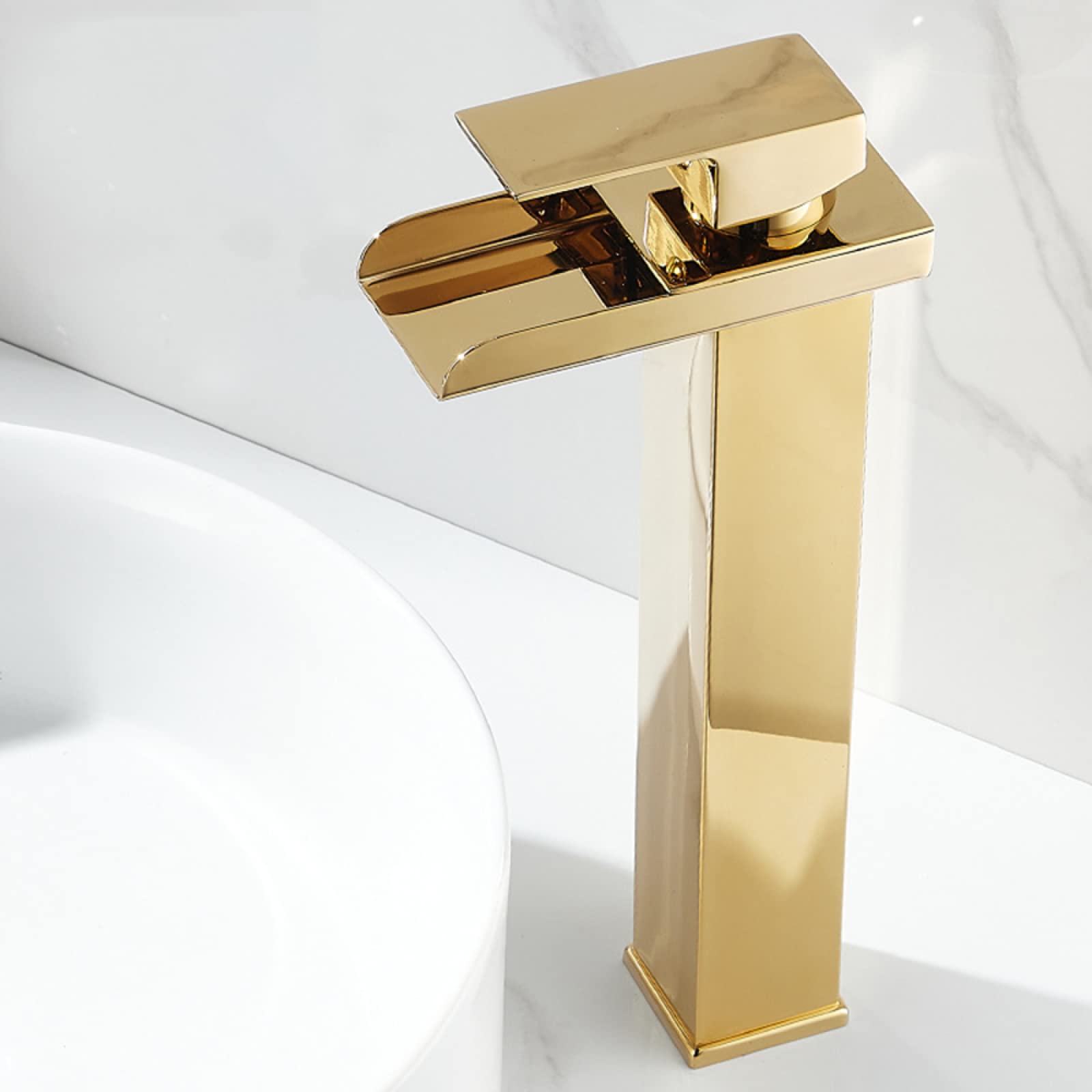 Robinet de lavabo cascade or anti-éclaboussure en acier inoxydable mitigeur haut