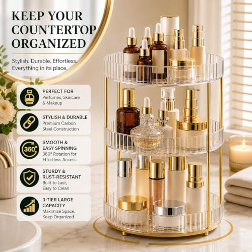 Image of MECHDEL Makeup Organiser Box with Drawers, Perfume, Cosmetic and Skincare Storage Stand, Dressing Table Organiser for Lipstick, Nail Polish (360 Rotating-Transparent White, 3 Tier)