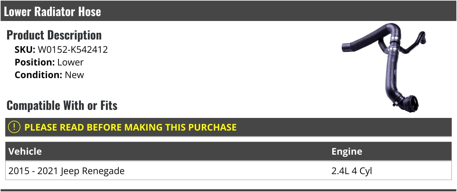 Lower Radiator Hose - Compatible with 2015-2021 Jeep Renegade 2.4L 4-Cylinder