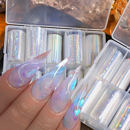 10Pcs Aurora Nail Foil Laser Nail Transfer Foil for Long Short Acrylic Nails Starry Sky Holographic Nail Art Stickers DIY Manicure Decoration Design Stickers Decals for Women