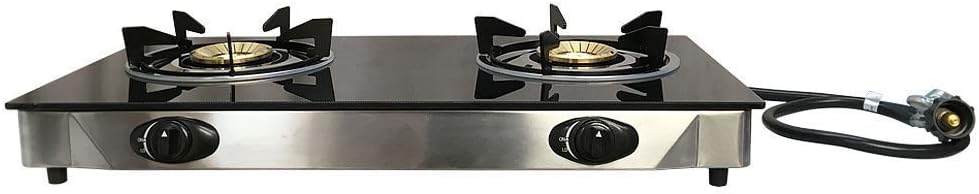 Double Steel Portable 2 Dual Burner Stove Range Propane Gas BBQ Tempered Glass Cooktop