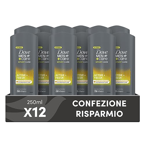 Dove, Doccia Dove Men+Care Sports Active, Docciaschiuma Uomo 3 in 1 Idratante Corpo, Viso e Capelli, con Tecnologia MicroMoisture, Dona 24 Ore di Idratazione, 12 Pezzi da 250 ml