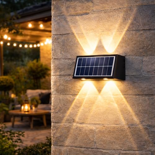 Image of Gesto 4W Solar Wall Lights Outdoor Waterproof IP65, Warm White Up & Down Wall Lamp with 1200mAh Battery, Auto ON /Off Dusk to Dawn, Exterior Light for Garden Fence Gate Patio Pathway Elevation Balcony