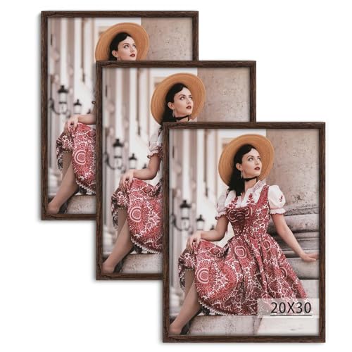 Dark Brown 20x30 Frame Set of 3 - Rustic Woodgrain 20 x 30 Poster Frame with Plexiglass for Wall Gallery Display, 20x30 Picture Frame for Puzzles, Artwork, Photos and Posters - Ideal Christmas Day