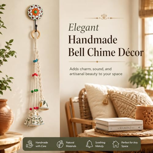 Image of KAAMERI BAZAAR Macrame Wind Chimes Enhance Living Space for Diwali (4 Bells, 1 Ring Tied with White Macrame Thread)
