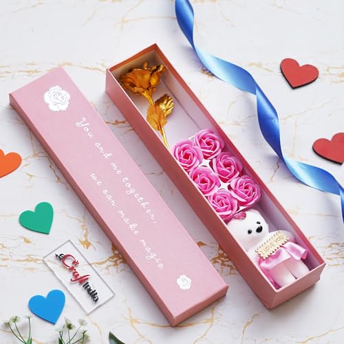 eCraftIndia Valentine Gift for Girlfriend Boyfriend Golden Rose Pink Rose Flowers Teddy Bear You and Me Together Gift Box| Valentine Day Gift for Husband Wife Her Him | Valentine Day Decoration Items 5 51mt