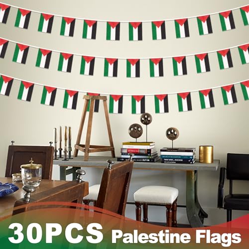 Image of Palestine String Flag Pennant Banner, Small Mini Palestinian Flags Bunting Banner, National Country Decoration for School, Party, Sports Events, Patriotic Festival, 33 Feet 30 Flags