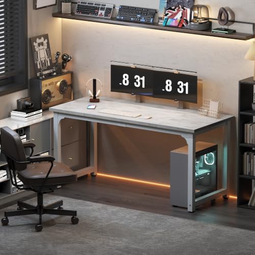 Image of NSdirect 63 inch Large Computer Desk,Modern Simple Style PC Table Office Desk Wide Workstation for Study Writing,Gaming and Home Office,Extra 1 inch Thicker Wooden Tabletop and Black Metal Frame,Stone White