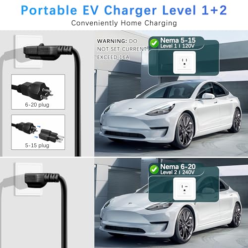 Level 1&2 EV Charger, 16Amp, Portable Charger for Home/Outdoor, 25FT Cable 110V-240V, J1772 Electric Cars, Charging Stations, Current Adjustable, NEMA 6-20 & NEMA 5-15 Adapter. Tesla Needs Adapter
