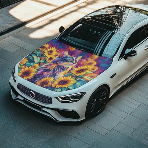 Image of Car Hood Cover Protector Soft Stretch Polyester Fabric Cover Cat and Sunflower Vehicles Decorate Engine Fabric Hood Cover All-Season Protection Suitable for Cars
