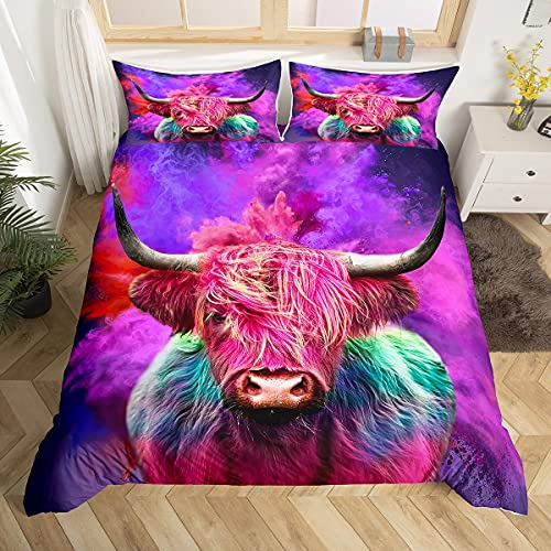 feelingyou Highland Cattle Funda nórdica de 200 x 200 cm, diseño de acuarela pastel con diseño de humo, moderno y moderno para decoración de dormitorio, multicolor
