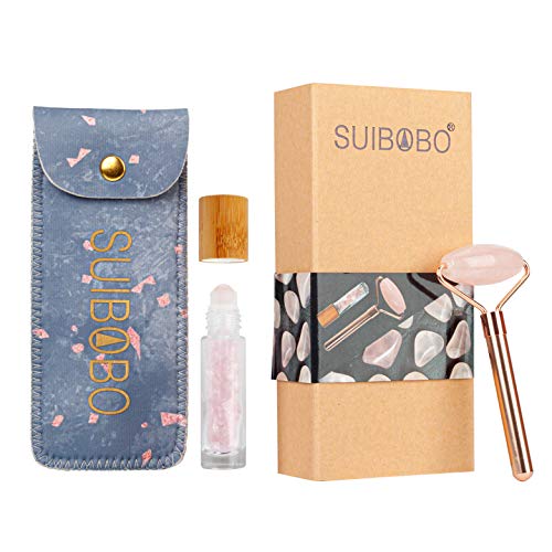 SUIBOBO skincare pink rose quartz jade roller and Essential Oil bottle eye roller-real jade crystal gem stone marble cuarzo ice cold anti aging anti puff facial face roller eye roller massager