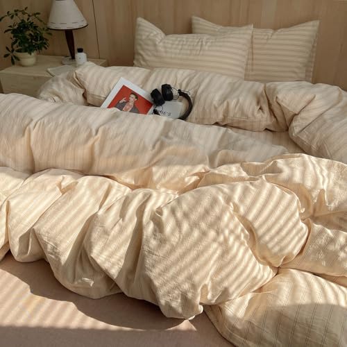 Image of mixinni Retro Striped Duvet Cover Set Twin XL Size - 100% Washed Cotton Beige Duvet Cover with Black White Stripes, Soft Breathable 3 Piece Comforter Cover with Zipper Closure & Corner Ties