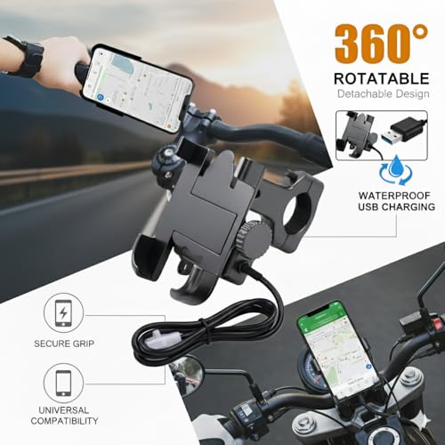 Image of Metal Bike Mobile Holder with USB Charger | 360 Rotating Handlebar Mount Cradle for Motorcycles & Bicycles | Universal Fit for All Smartphones | Heavy-Duty Metal Body (Black)