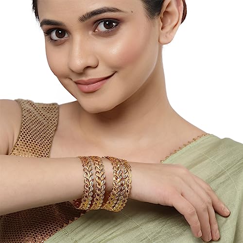 Set Of 4 Brass Dual Tone Leaf Textured Bangles for Women