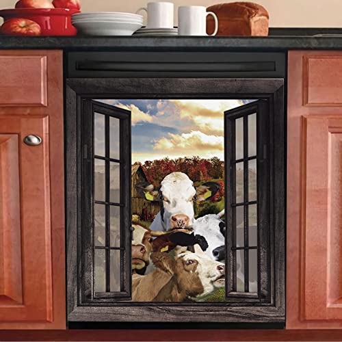 Farm Cow Dishwasher Cover Sticker,Farmhouse Cattle Panel Decal Fridge Magnet Door Cover,Country Heifer Refrigerator Magnetic Kitchen Decorative,Vinyl Home Appliance Sticker 23"x26"