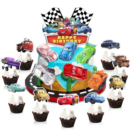 Juego de 23 Piezas de Cars Tartas Decoracion, Cars Decoracion Tartas Cumpleaños y 6 Modelos de Coches de Juguete, Topper para Fiesta de Cumpleaños Niños