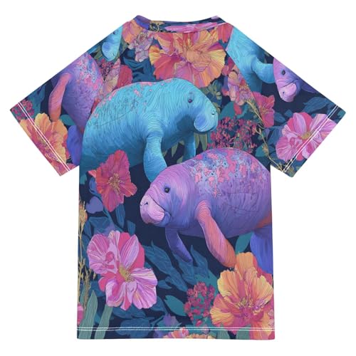 Boys Short Sleeve T-Shirts Ocean Floral Manatees Rashguard Kids Swim Shirts Sun UPF 50+2
