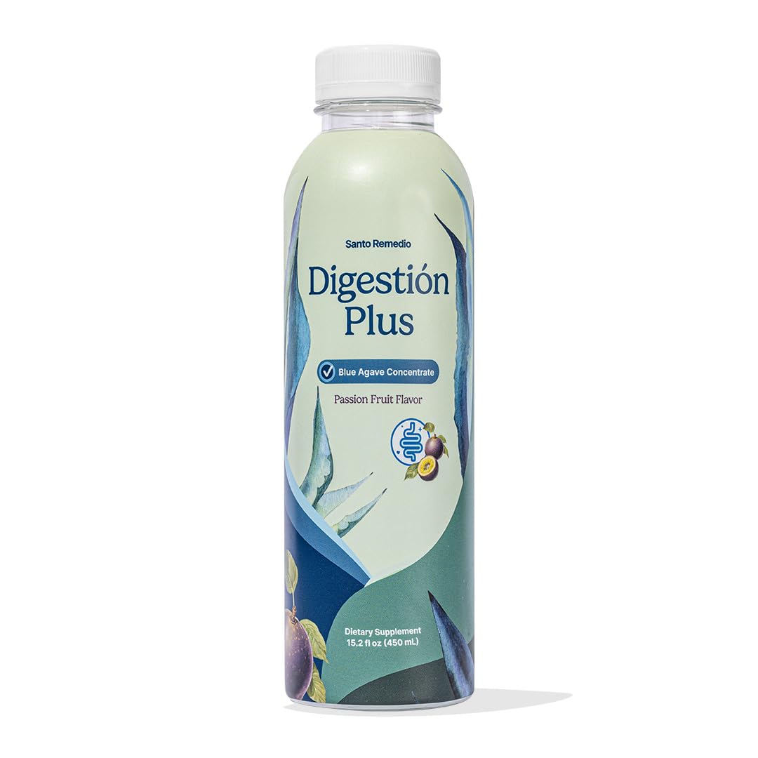 Santo Remedio Digestion Plus, Concentrated Blue Agave Drink, 30 Servings, Passionfruit Flavor, Vegan, Gluten-Free, Non-GMO, No Added Sugar